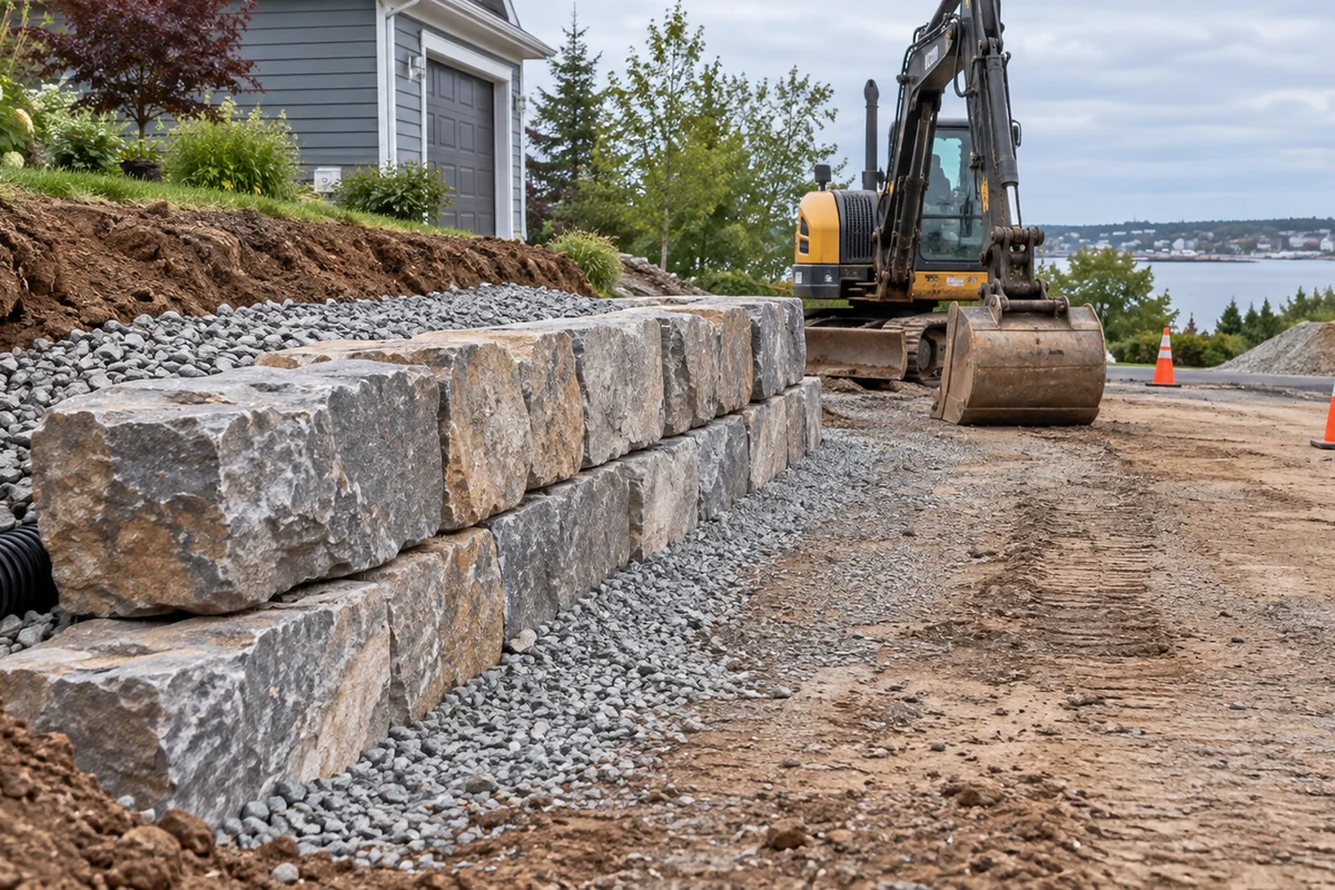 Illustration of drainage stone and a partly installed armour stone wall beside a driveway