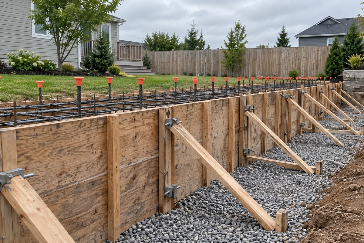 Illustration of braced concrete wall forms and capped reinforcing steel before placement